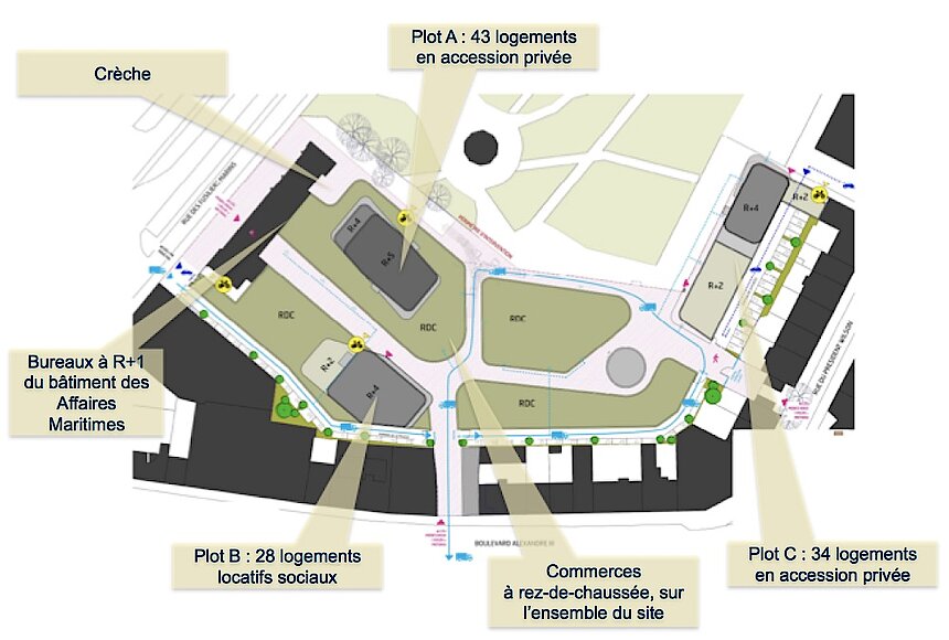 Le quartier proposera des îlots résidentiels avec des surfaces commerciales en rez-de-chaussée.